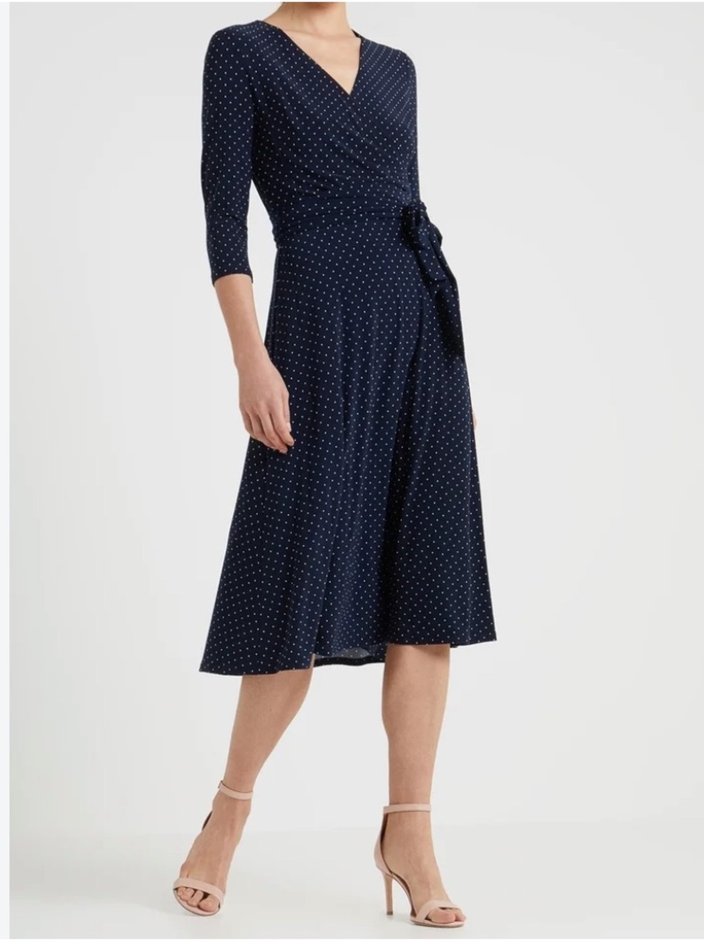 Lauren Ralph Lauren Navy Polka Dot A-Line Midi Jersey Skirt. Size 2. NWOT.